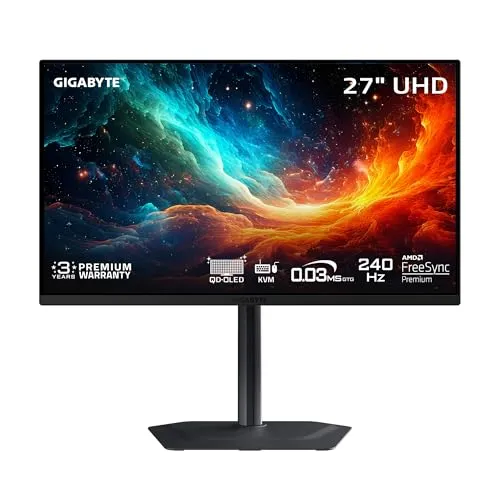 GIGABYTE - MO27U2-27 QD-OLED Gaming Monitor - UHD 3840x2160-240Hz - 0.03ms GTG - AMD FreeSync Premium Pro, G-SYNC Compatible - Type C KVM - HDMI, DP, Type-C - Height and Tilt Adjustable - Black