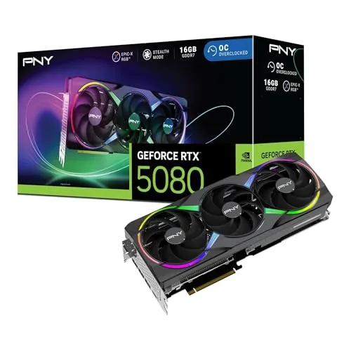 PNY NVIDIA GeForce RTX™ 5080 Epic-X™ ARGB OC Triple Fan, Graphics Card (16GB GDDR7, 256-bit, Boost Speed: 2775 MHz, PCIe® 5.0, HDMI®/DP 2.1, 2.99-Slot, NVIDIA Blackwell Architecture, DLSS 4)