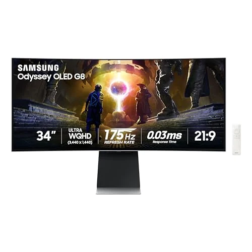 Samsung 34-Inch Odyssey QD-OLED G8 (G85SD) Series 4K Ultra-QWHD G-Sync Compatible Curved Gaming Monitor, 175Hz 0.03ms, Glare-Free Display, AMD FreeSync™ Premium Pro,Ergonomic Stand,LS34DG856SNXZA,2024