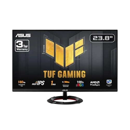 ASUS TUF Gaming 23.8” 1080P Monitor (VG249Q3R) – Full HD, 180Hz, 1ms, Fast IPS, Extreme Low Motion Blur, FreeSync, Variable Overdrive, Shadow Boost, Eye Care, 100% sRGB, 3 yr Warranty