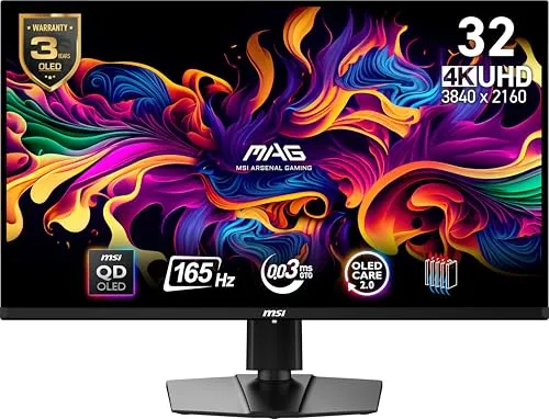 MSI MAG 321UP QD-OLED 32-inch QD-OLED 3840 x 2160 (UHD) Computer Monitor, 165Hz, Adaptive-Synch, HDMI, Display Port, VGA Port, VESA Mountable, Tilt, Height Adjustable, Speaker, 0.03ms, Black