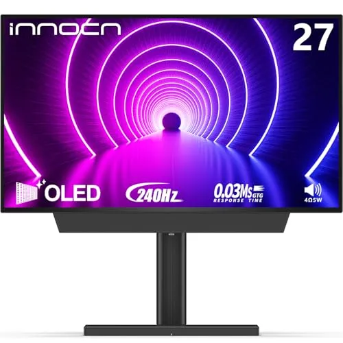 INNOCN 27" OLED QHD Gaming Monitor 2560 x 1440p 240Hz 0.03ms HDMI DP USB Type C Connectivity, Built-in Stereo Speakers, Height Adjustable Stand, Black, 27A1S