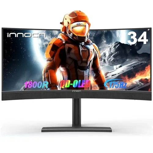 INNOCN 34Q1R 34" OLED Curved Ultrawide Monitor WQHD 3440 x 1440p 175Hz Computer Monitor, USB Type C Power Delivery, HDMI, DP, Stereo Speakers, Charger Pad, Black