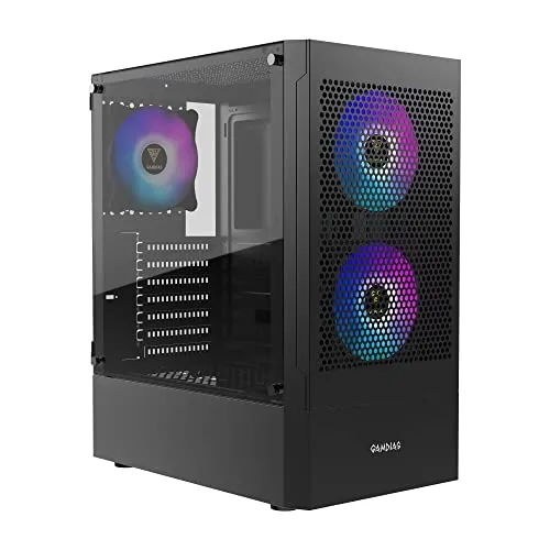 GAMDIAS RGB Gaming ATX Mid Tower Computer PC Case with Side Tempered Glass Panel and Excellent Airflow Design & 3 Built-in 120mm ARGB Fans