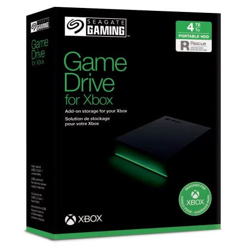 Seagate Game Drive for Xbox, 4TB, External Hard Drive Portable, USB 3.2 Gen 1, Black with built-in green LED bar, Xbox Certified, 3 year Rescue Services (STKX4000402)