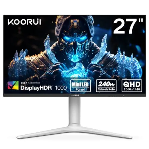 KOORUI GN10 27” Gaming Monitor, WQHD (2560 x 1440), 240HZ, Mini-LED, 95% DCI-P3 99% Adobe RGB 100% sRGB, Display HDR 1000, Tilt Pivot Swivel Height Adjustable, HDMI, DisplayPort, White/Grey