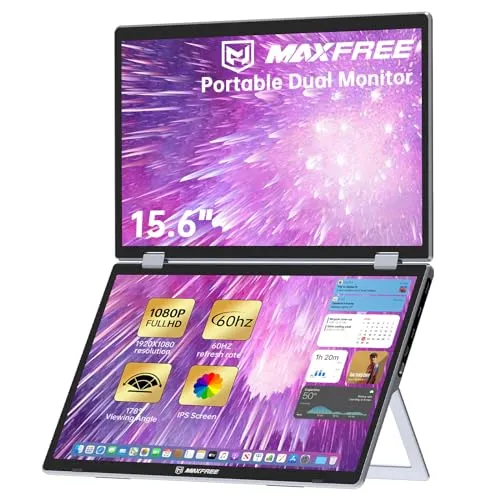 Maxfree M2 Laptop Screen Extender 15.6" 1080P FHD Portable Triple Monitor, 340° Rotation Folding Stacked Display, USB-C HDMI Plug&Play w/Hub for Mac OS/Win OS/Andorid