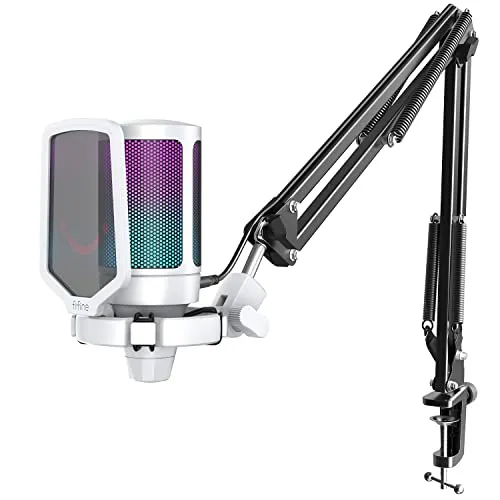 FIFINE Gaming Mic Kit Bundle, PC USB Computer Condenser Microphone Set with Quick Mute, Arm Stand, on PS4/PS5/MAC-A6T White