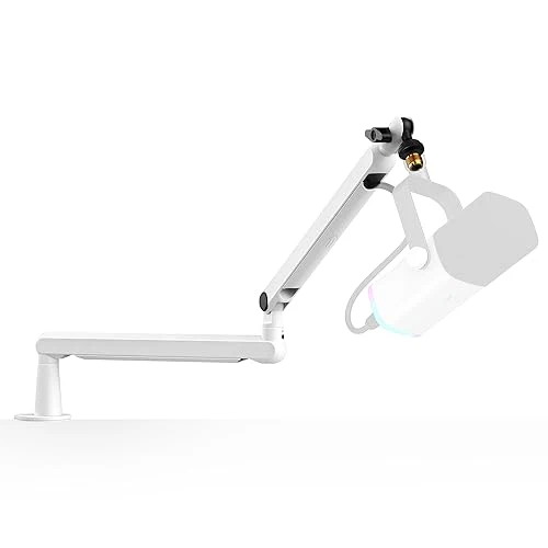FIFINE Boom Arm Mic Stand, Low Profile Microphone Arm Stand, Podcast Mic Boom Arm with Desk Mount, Cable Channels Management, Metal Boom Arm White for Recording/Streaming/Gaming/Home Office-BM88W